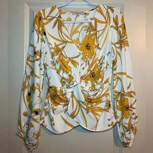 Floral Twist Front Blouse | White/Yellow/Black | Size Large